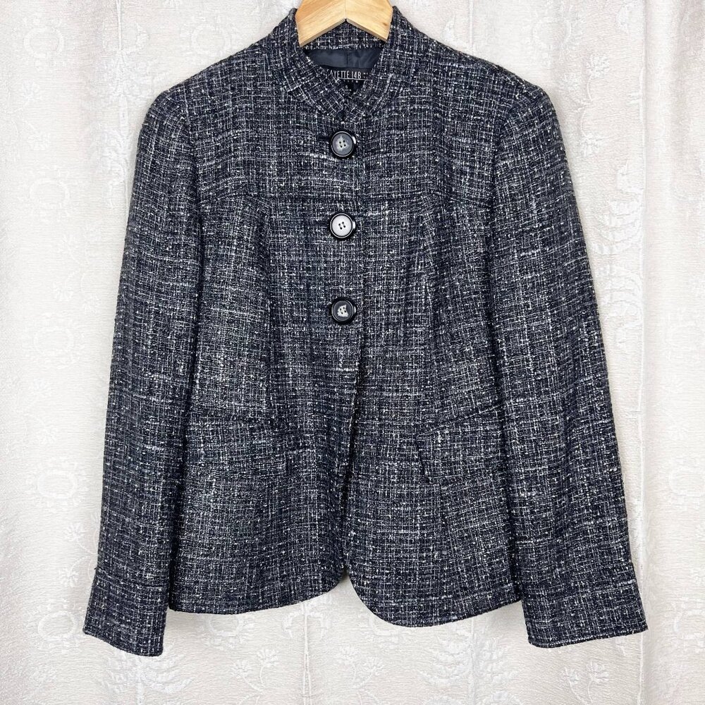 Lafayette 148 Petites gray tweed plaid jacket mock neck wool cotton silk blend